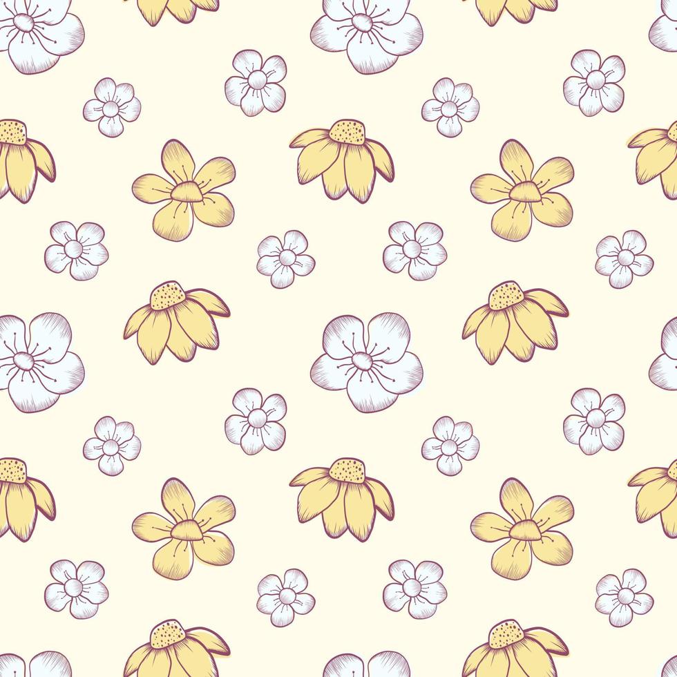 Hand drawn sketch flower seamless pattern. line art flower background. vector