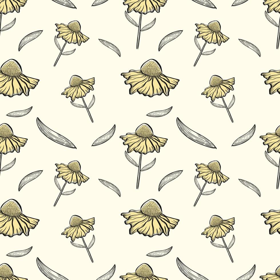 Hand drawn sketch flower seamless pattern. line art flower background. vector