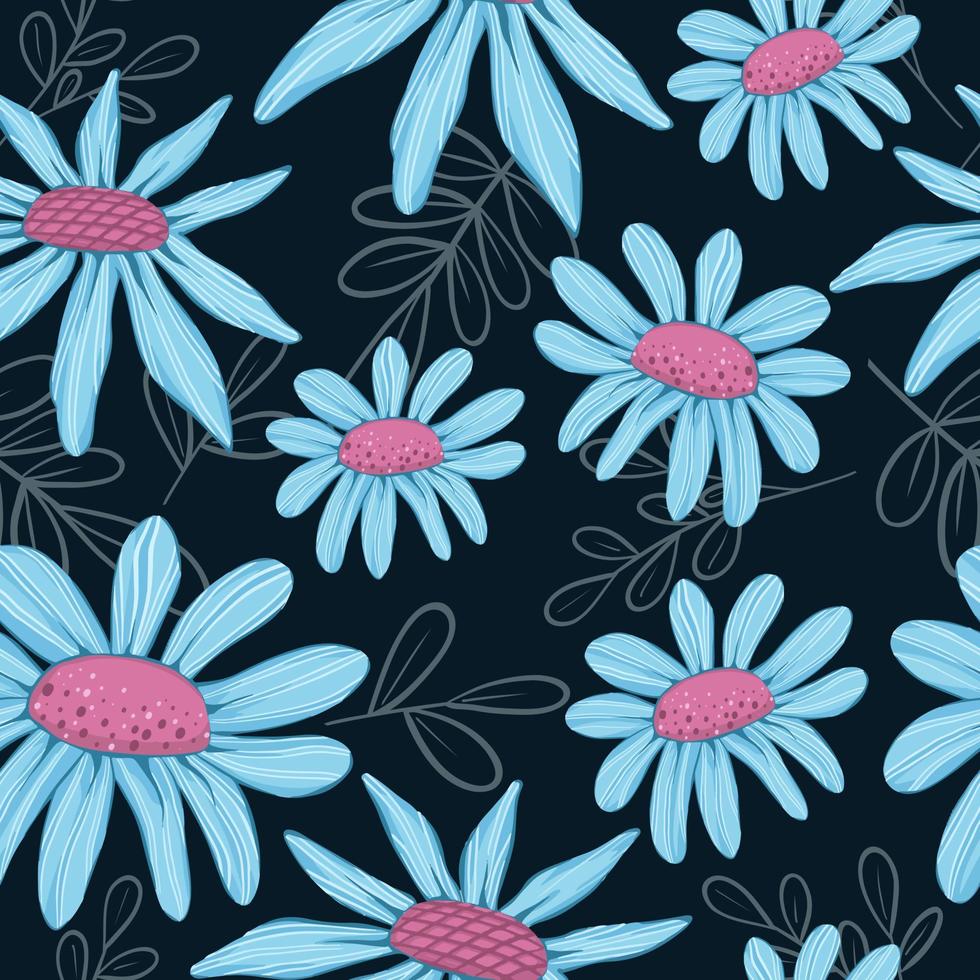 Blue flower seamless pattern with leaves ornament on dark blue color background vector