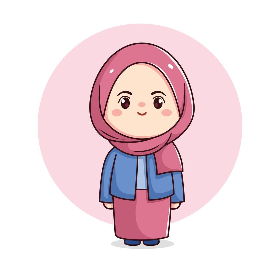linda hijab niña en pie kawaii chibi vector