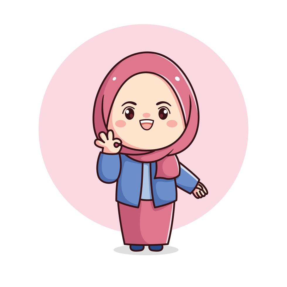 linda hijab niña con Okay firmar kawaii chibi vector