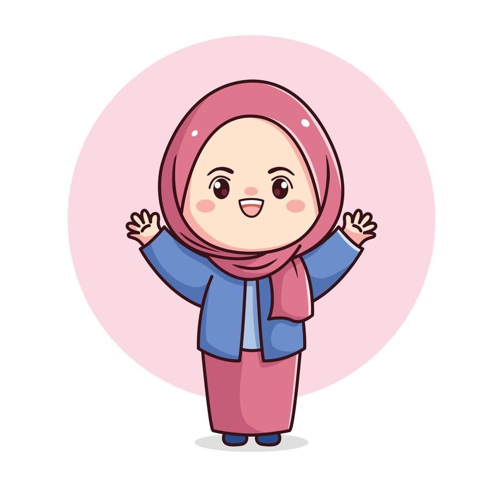 Cute happy hijab girl hands up kawaii chibi flat character vector