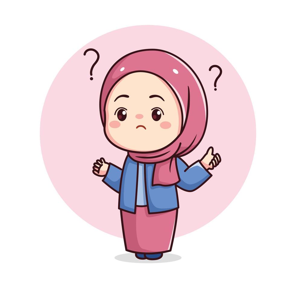 Cute hijab girl feeling confused with question marks flat character vector
