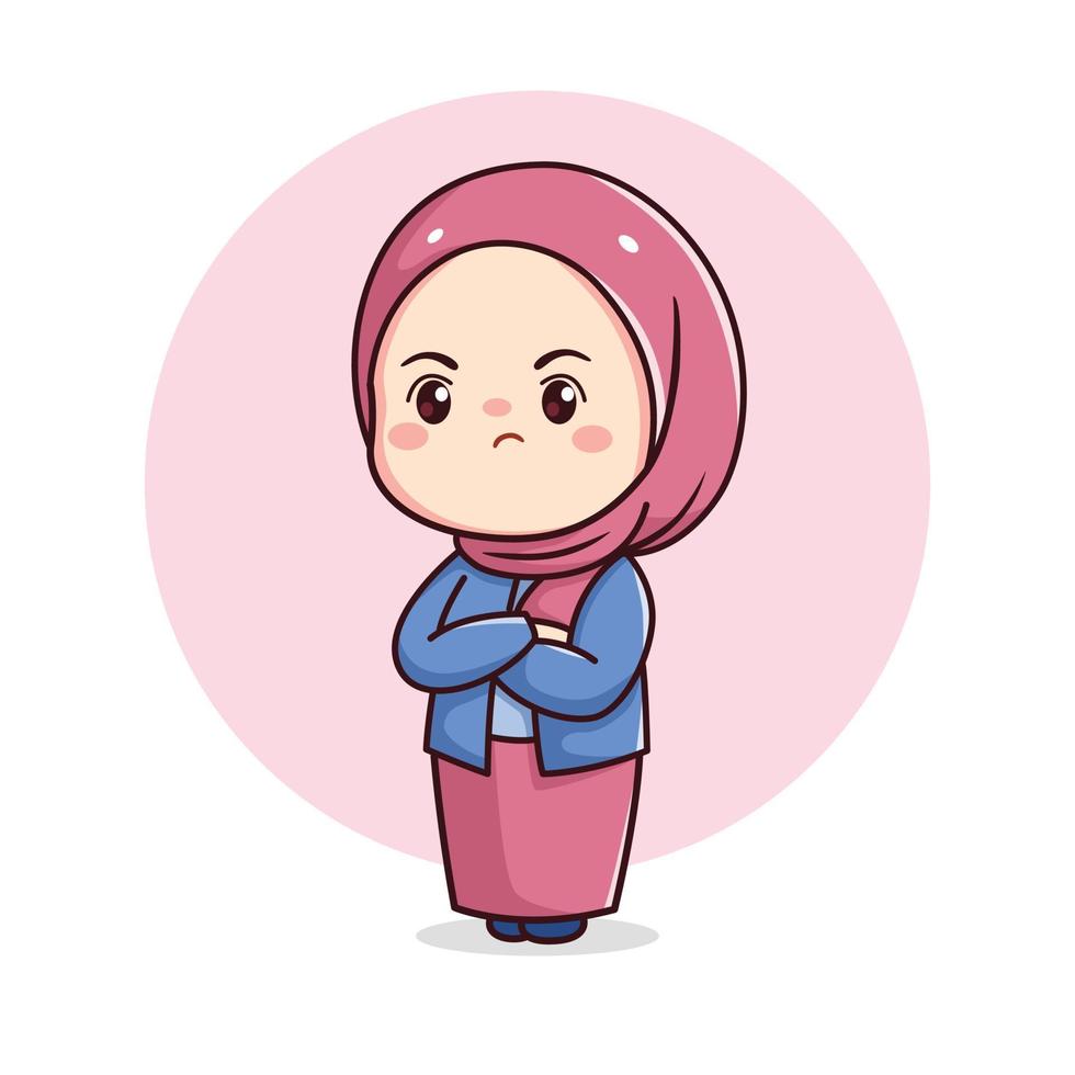 enojado hijab niña kawaii chibi plano personaje vector