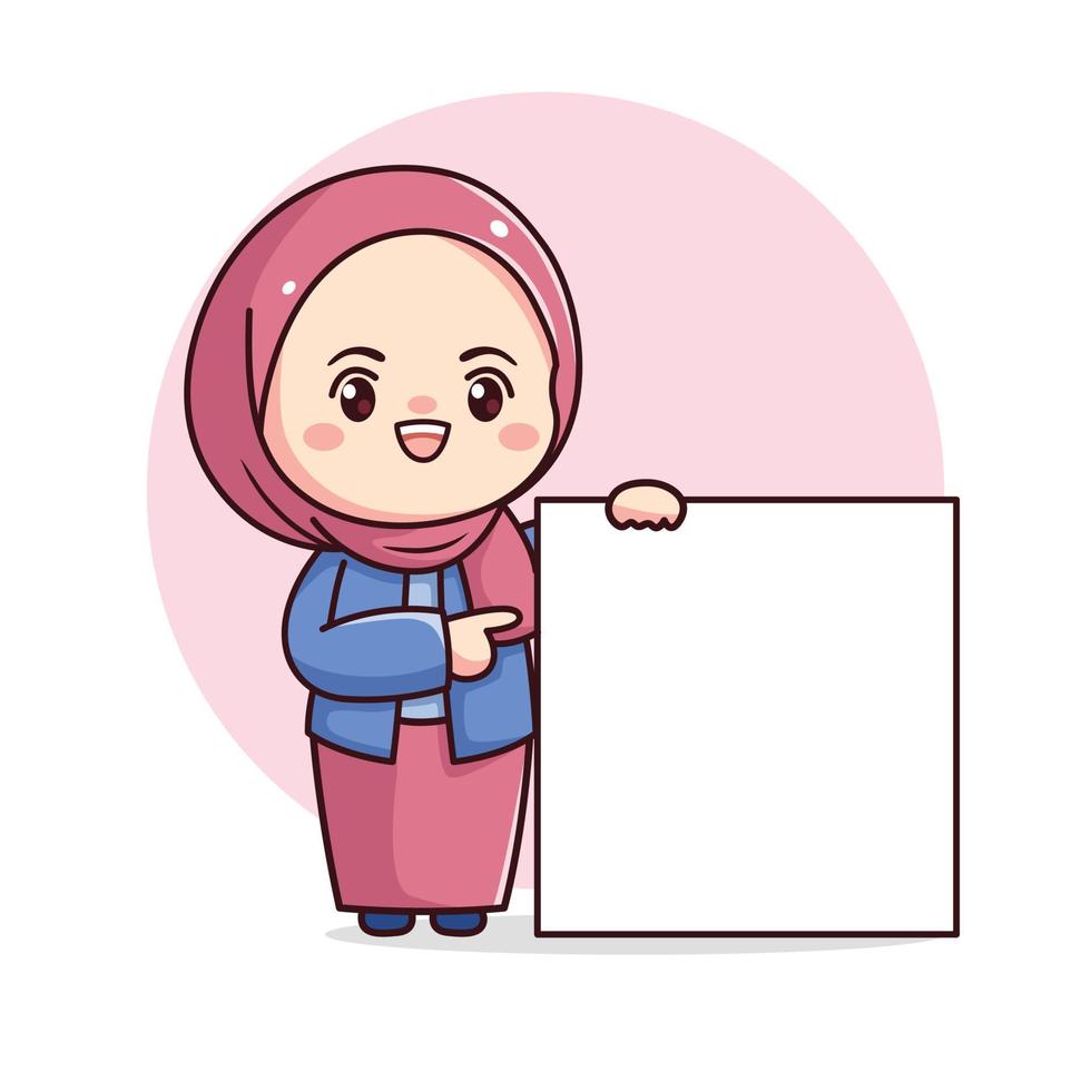 Cute hijab girl with pointing finger and blank board for text or logo vector