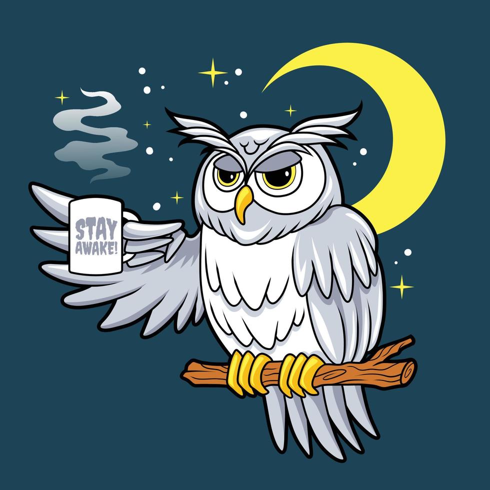 cartoon owl holding a cup of coffee vector