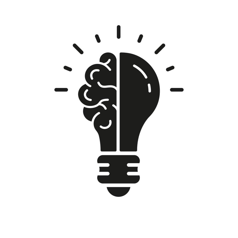 Human Brain and Lightbulb Creative Idea Silhouette Line Icon. Innovation Sign. Light Bulb Inspiration, Knowledge, Smart Solution Glyph Symbol. Isolated Vector Illustration.