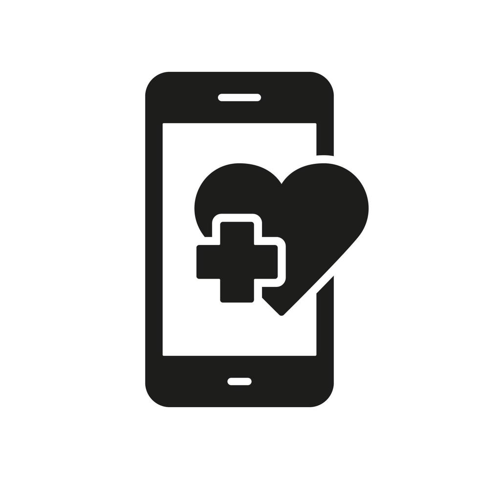 Mobile Phone Call to Ambulance Silhouette Icon. Emergency Aid in Smartphone Glyph Pictogram. Medical Consultation in Disaster, Rescue Help Using Cellphone Icon. Isolated Vector Illustration.