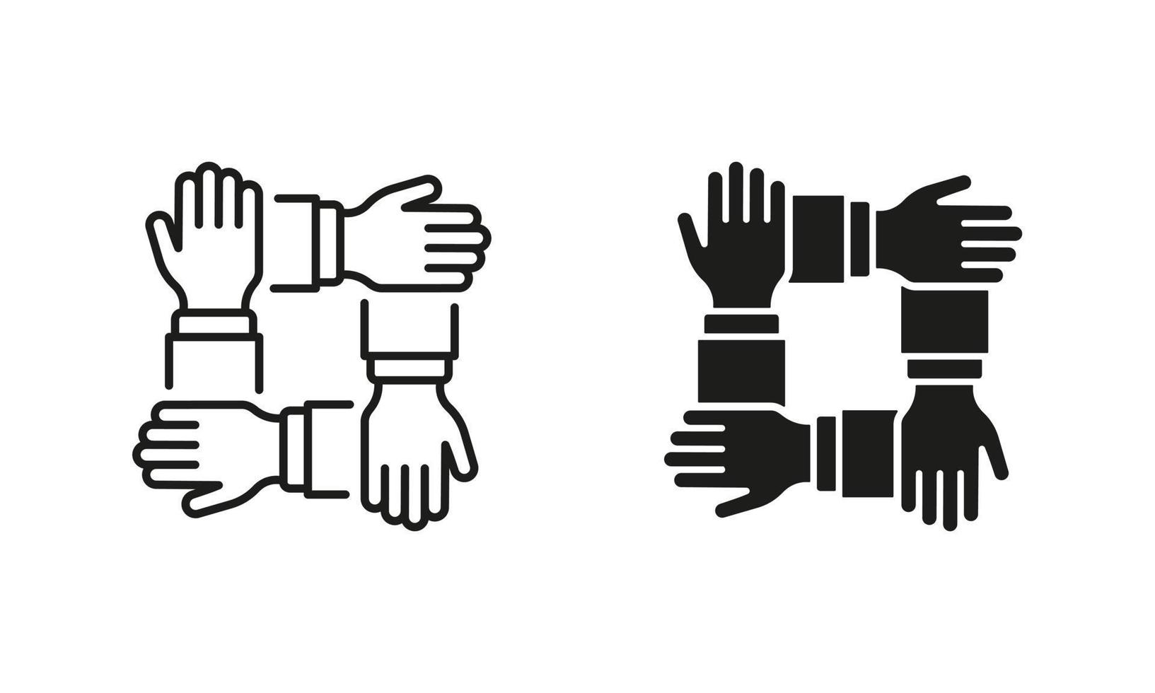 Collaboration Group, Team Job Pictogram. Company Participation Line and Silhouette Icon Set. Teamwork, Alliance for Partnership and Help, Hand Together. Editable Stroke. Isolated Vector Illustration.