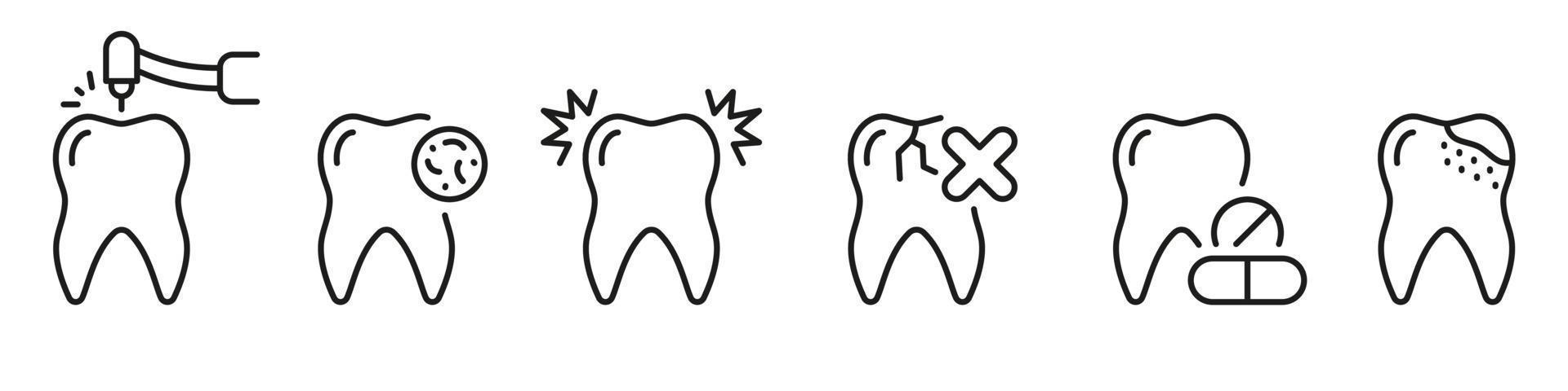 diente perforación, dental procedimiento línea icono colocar. agrietado dientes, ortodoncia cuidado lineal pictograma. diente caries. odontología símbolo. dental tratamiento signo. editable ataque. aislado vector ilustración.