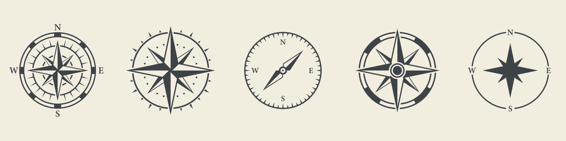 Adventure Direction Arrow to North South West East Orientation Navigator Modern Sign. Compass Map Silhouette Icon Set. Rose Wind Navigation Retro Equipment Pictogram. Isolated Vector Illustration.