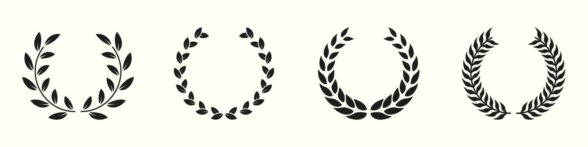 Circle Leaf Award for Winner Glyph Pictogram. Victory and Prize Sign. Laurel Wreath Silhouette Icon Set. Triumph Emblem. Vintage Olive Leaves Symbol. Champion's Trophy. Isolated Vector Illustration.