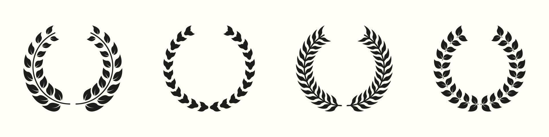 Laurel Wreath Silhouette Icon Set. Circle Leaf Award for Winner Glyph Pictogram. Victory and Prize Sign. Triumph Emblem. Vintage Olive Leaves Symbol. Champion's Trophy. Isolated Vector Illustration.