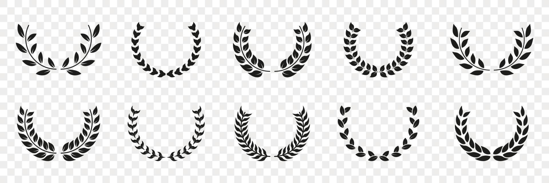 Black Chaplet Nominate Winner Silhouette Icon Set. Twig Achievement Tree Branch Leaf Victory Reward Certified. Circle Black Laurel Wreath Success Pictogram. Glory Crest. Isolated Vector Illustration.