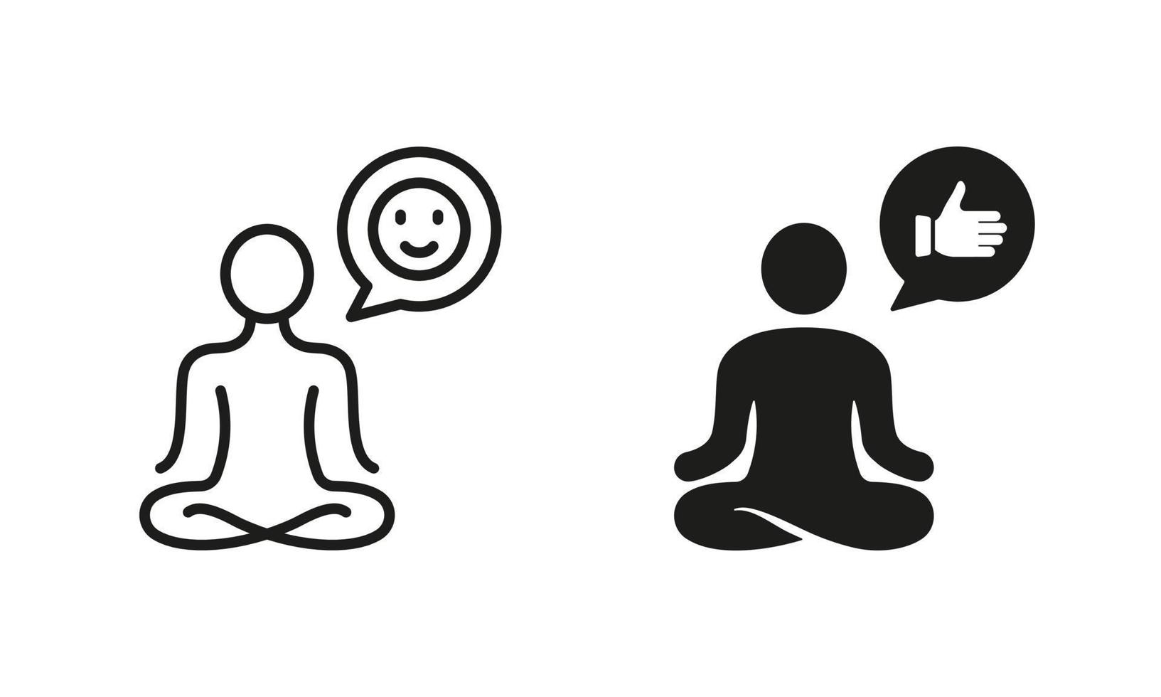 emocional armonía y equilibrar silueta y línea icono colocar. bienestar calma descanso pictograma. emoción sonrisa, formación relajarse en yoga loto actitud icono. editable ataque. aislado vector ilustración.