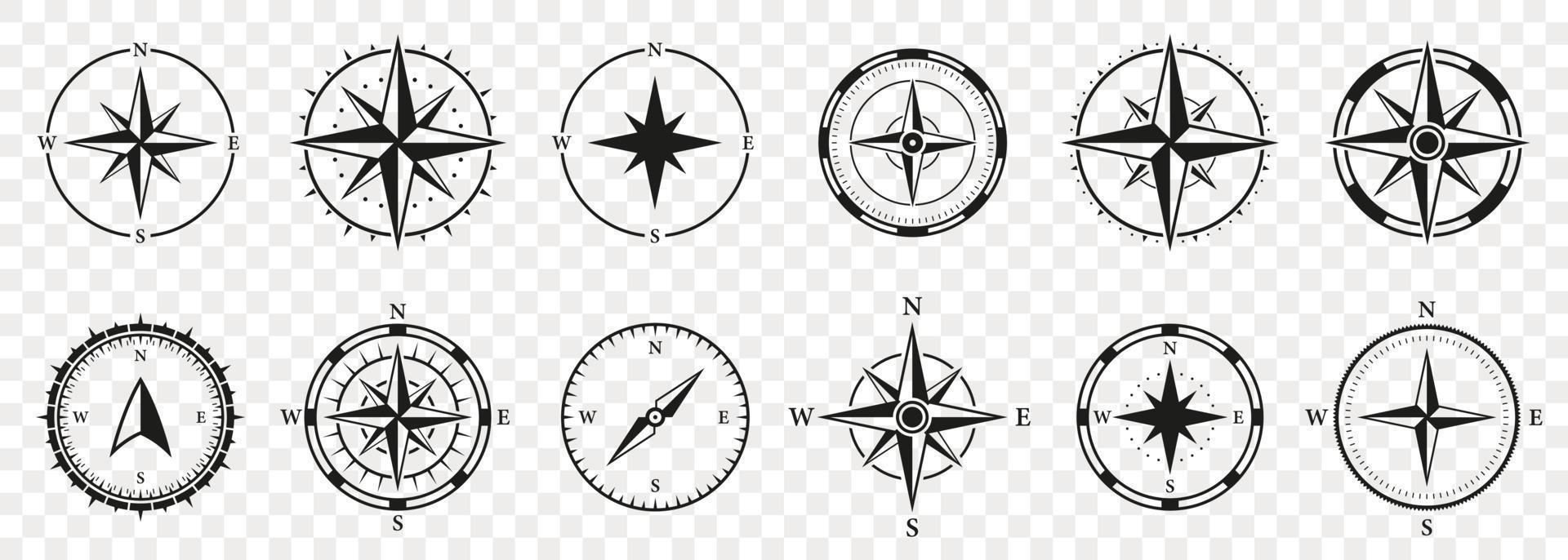 Windrose Silhouette Icon Set. Compass Nautical Navigator Cartography Glyph Pictogram. Rose Wind Navigator Icon. Adventure Direction to North South West East Sign. Isolated Vector Illustration.