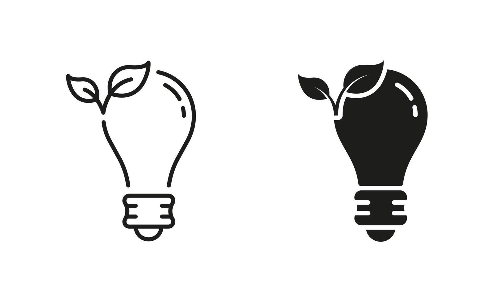 Eco Lightbulb Line and Silhouette Icon Set. Ecological Light Bulb. Ecology Electricity Lamp with Leaf Symbol Collection on White Background. Environment Conservation. Isolated Vector Illustration.