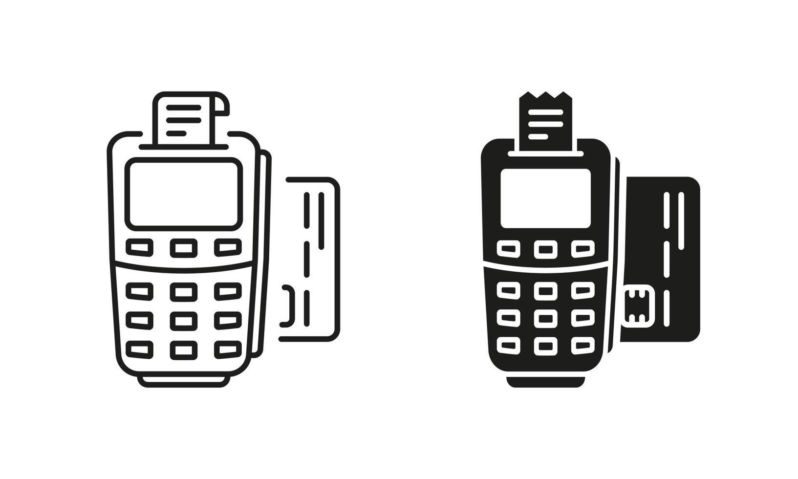 pos sin contacto transacción pictograma colocar. inalámbrico dinero pagar símbolo colección en blanco antecedentes. pago terminal y crédito tarjeta línea y silueta icono. aislado vector ilustración.