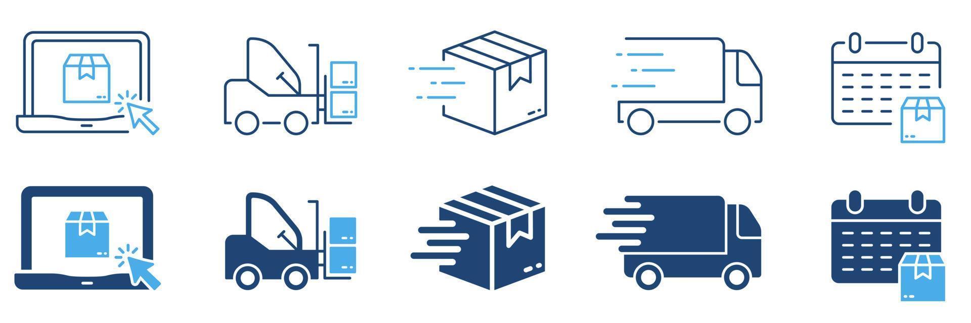 Order Package Cargo Shipment Silhouette and Line Icon Set. Shipping Transportation Cardboard Parcel Box Pictogram Collection. Fast Delivery Service Sign. Isolated Vector Illustration.