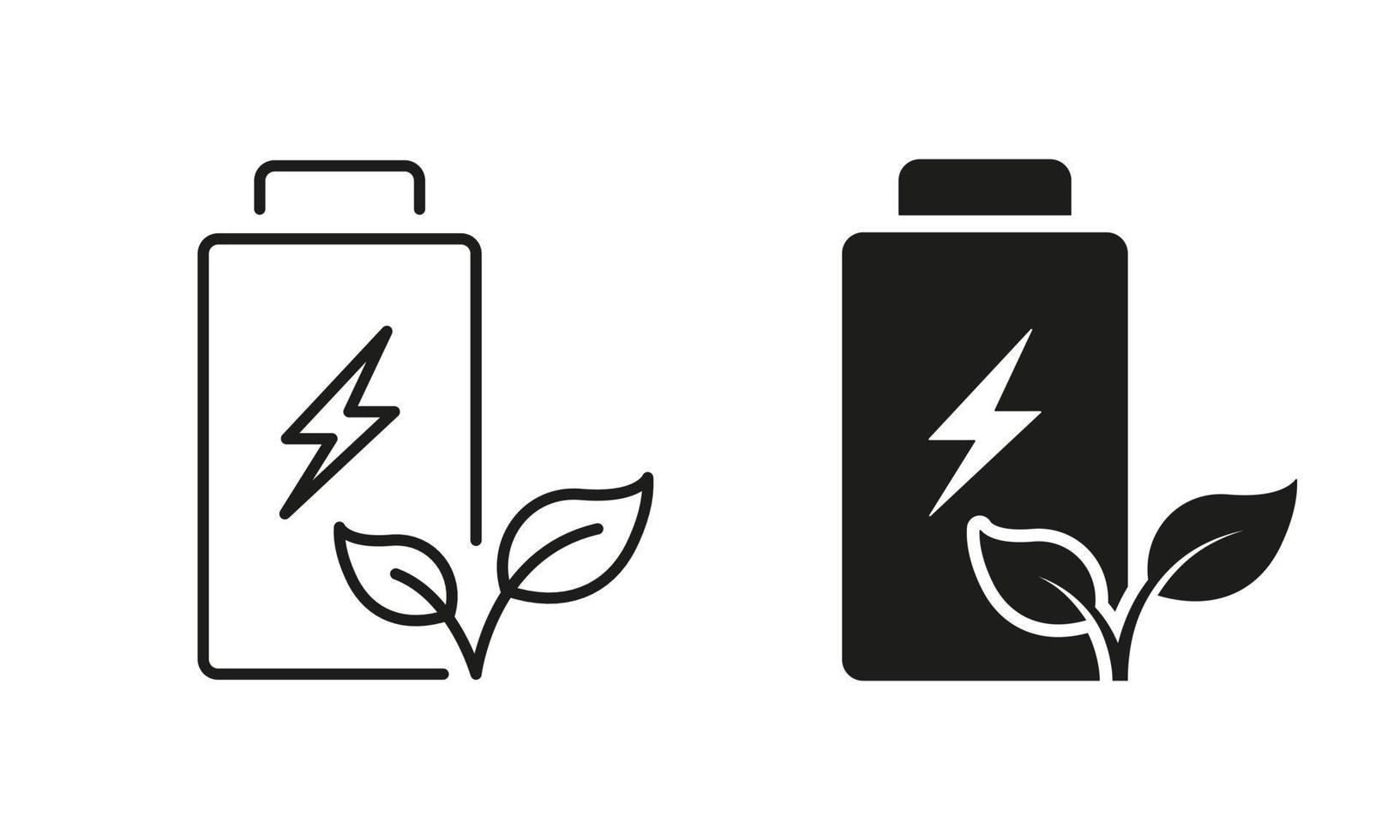 Rechargeable Accumulator with Leaf and Lightning Line and Silhouette Icon Set. Renewable Battery Pictogram. Eco Green Energy Symbol Collection on White Background. Isolated Vector Illustration.