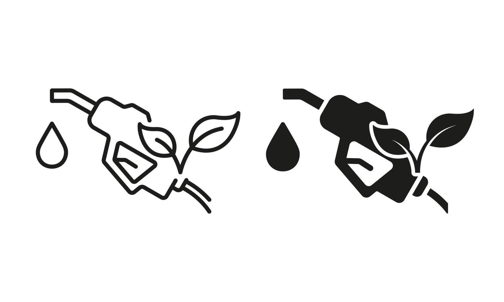 Ecology Gas Station Line and Silhouette Icon Set. Fuel Nozzle Eco Power for Transportation Pictogram. Petroleum Energy Pump Symbol Collection on White Background. Isolated Vector Illustration.