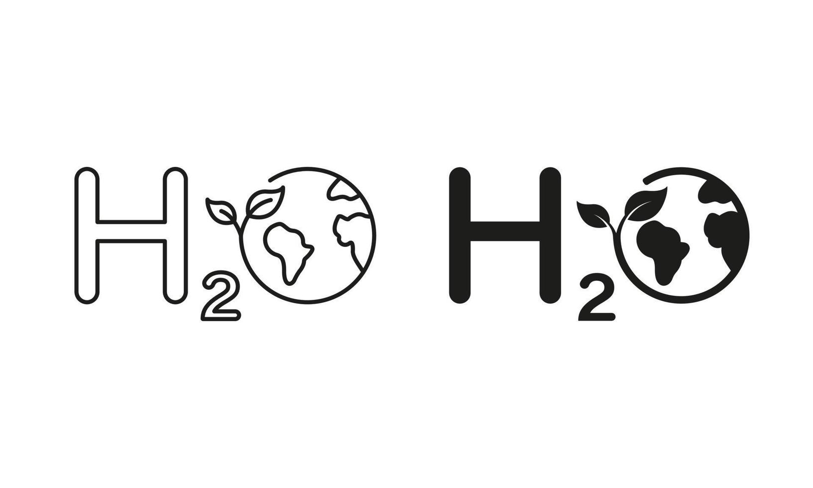 H2O Ecology Line and Silhouette Icon Set. Eco Water Chemistry Formula with Globe and Leaf Symbol Collection on White Background. Aqua with Earth Nature Environment. Isolated Vector Illustration.