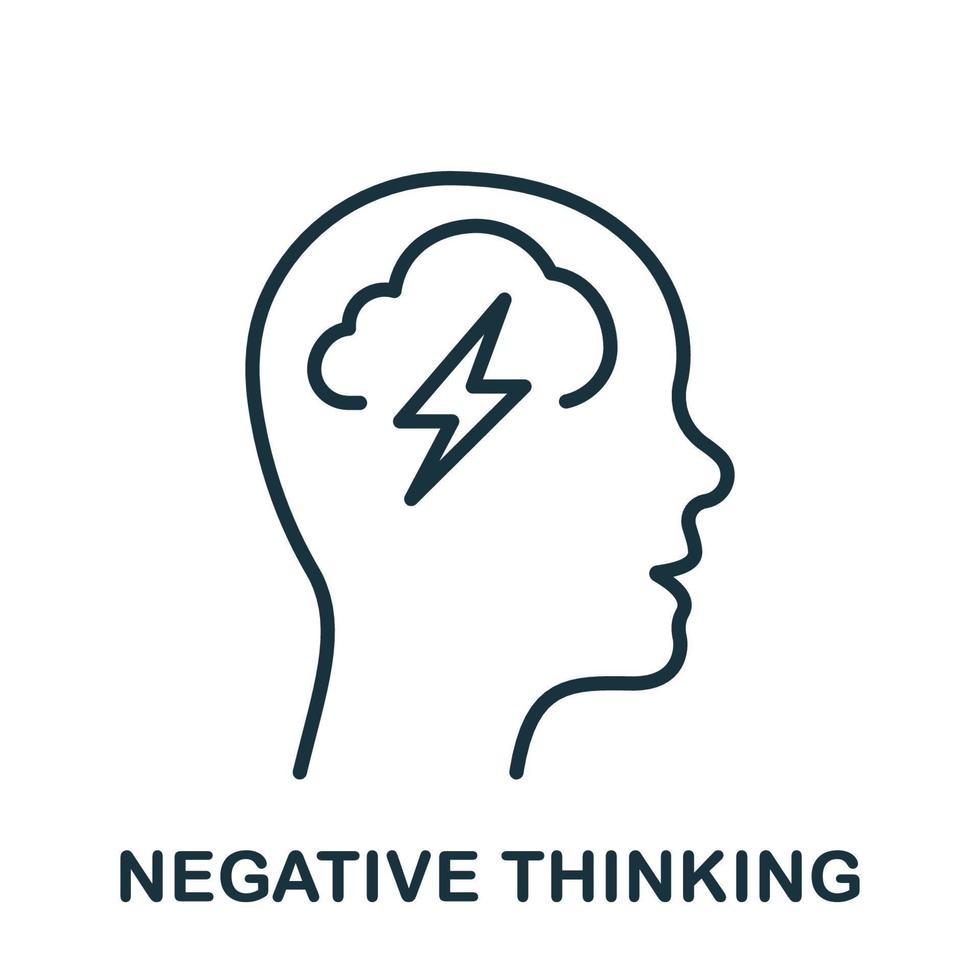 Negative Thinking Line Icon. Mental Disorder, Thunder in Human Head Linear Pictogram. Pessimism, Frustration Symbol. Unhappy Sad Person Outline Sign. Editable Stroke. Isolated Vector Illustration.