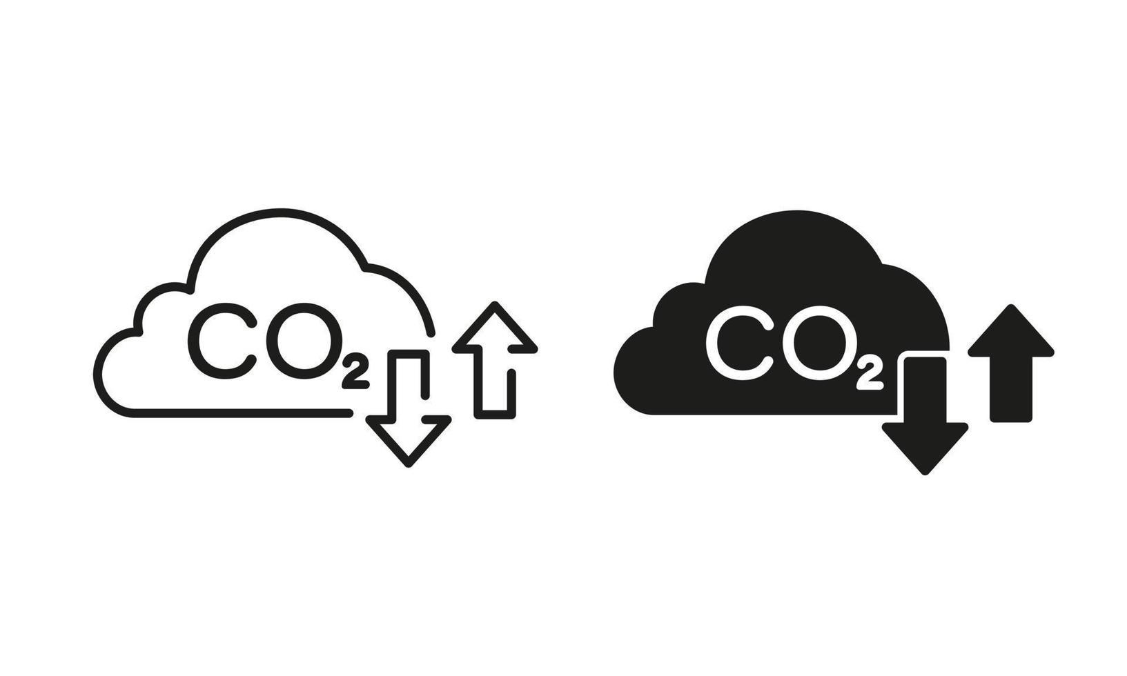 Carbon Dioxide Pollution in Air Line and Silhouette Icon Set. Reduction Greenhouse Pictogram. CO2 with Cloud Emission Gas Symbol Collection on White Background. Isolated Vector Illustration.