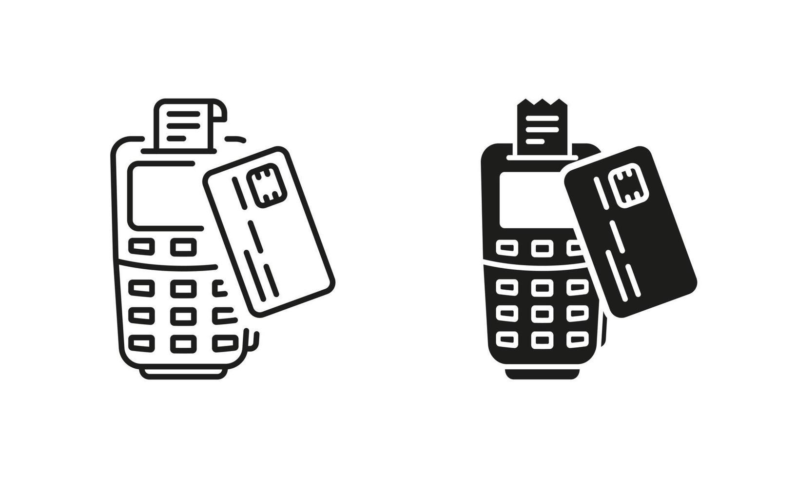 Payment Terminal and Credit Card Line and Silhouette Icon Set. POS Contactless Transaction Pictogram. Wireless Money Pay Symbol Collection on White Background. Isolated Vector Illustration.