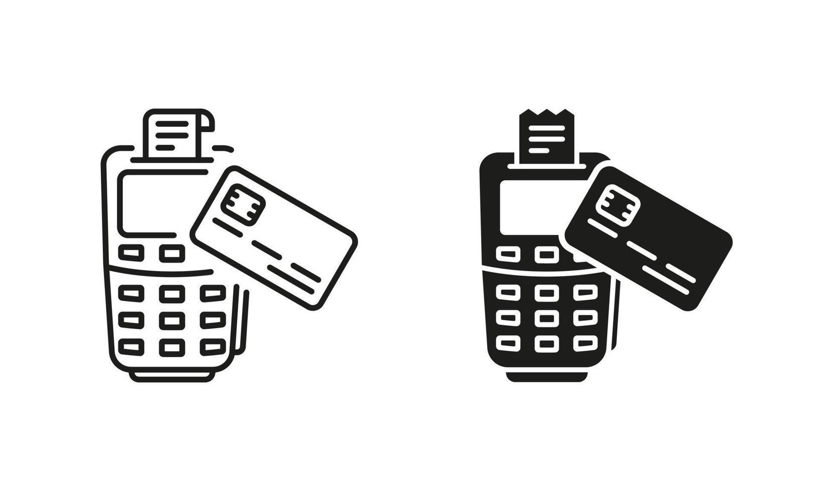 Payment Terminal and Credit Card Line and Silhouette Icon Set. POS Contactless Transaction Pictogram. Wireless Money Pay Symbol Collection on White Background. Isolated Vector Illustration.