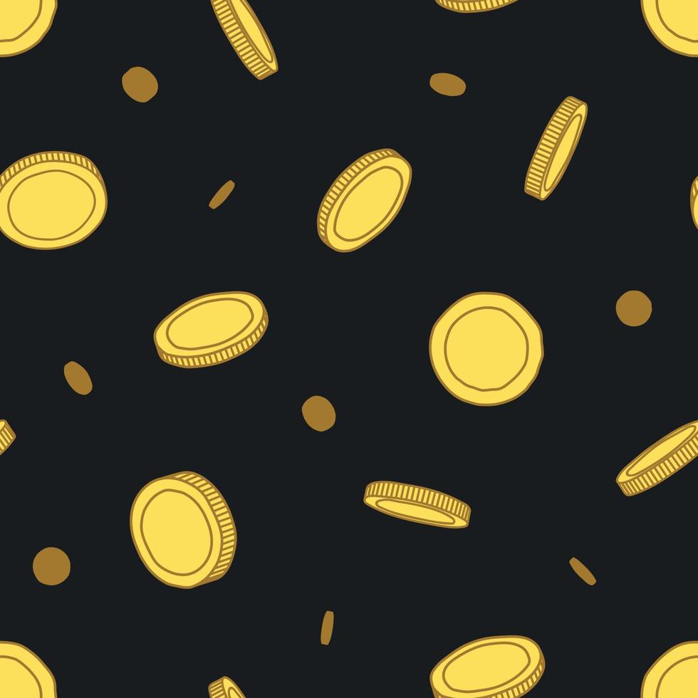 Seamless pattern of falling gold coins on black background vector