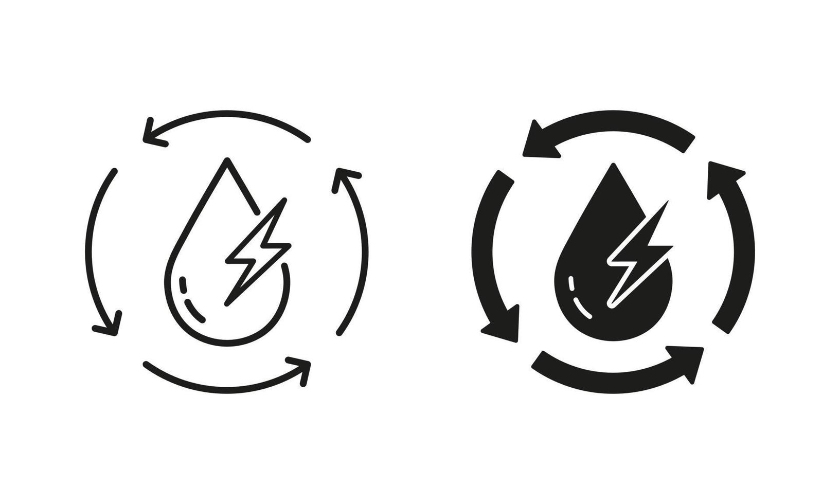 Renewable Hydropower, Waterdrop with Lightning and Arrows Line and Silhouette Icon Set. Hydroelectric Eco Green Energy Symbol Collection on White Background. Isolated Vector Illustration.