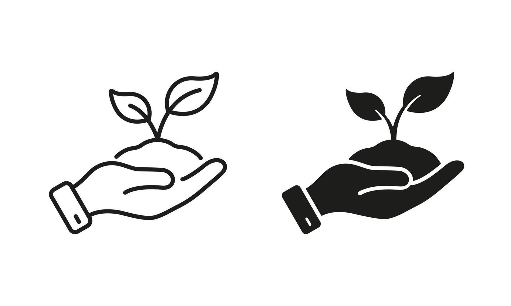 Ecology Organic Seedling Line and Silhouette Icon Set. Growth Eco Tree Environment. Plant in Human Hand Symbol Collection on White Background. Agriculture Concept. Isolated Vector Illustration.