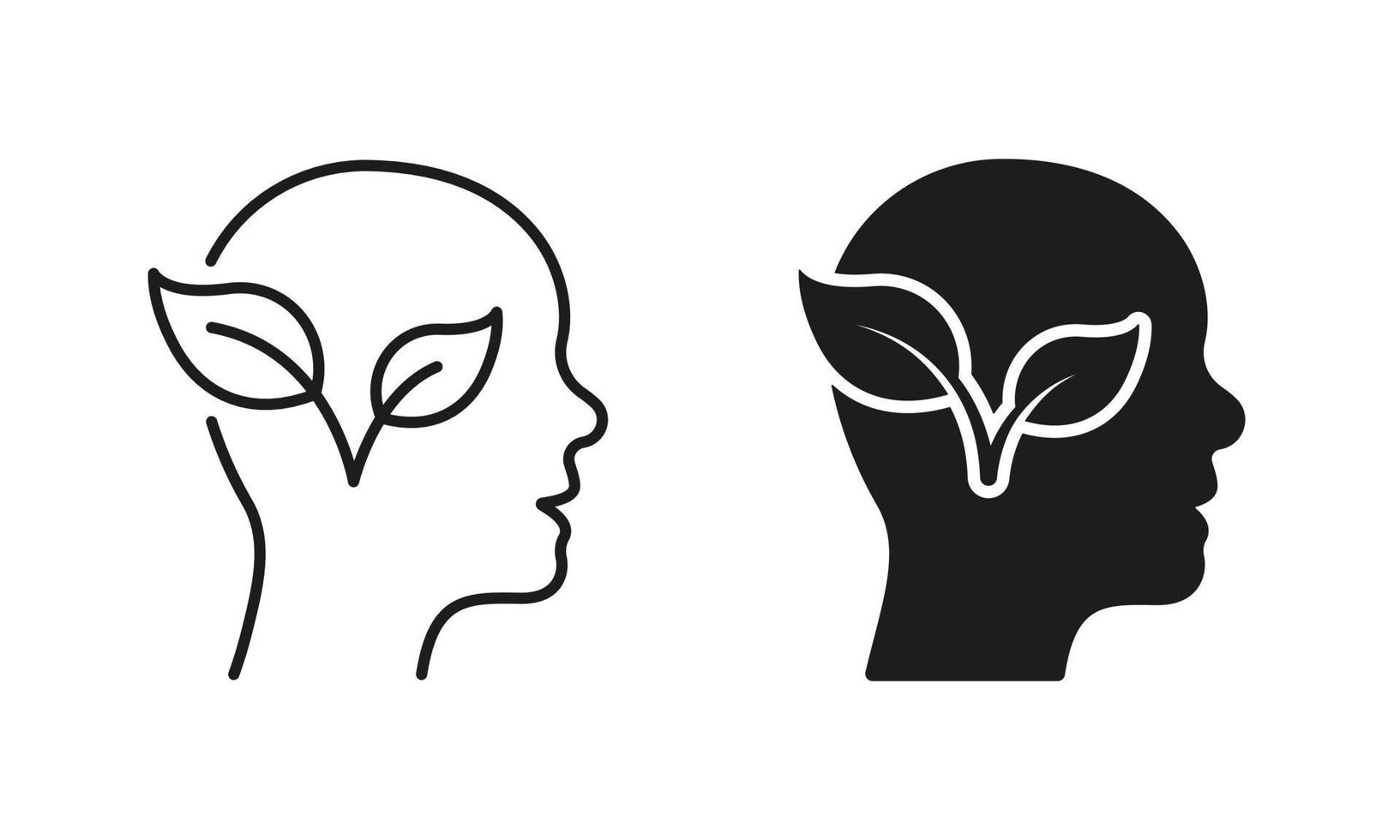 Ecology Idea Pictogram. Plant in Human Head, Green Thinking Symbol Collection on White Background. Leaf and Person Brain Environment Concept Line and Silhouette Icon Set. Isolated Vector Illustration.