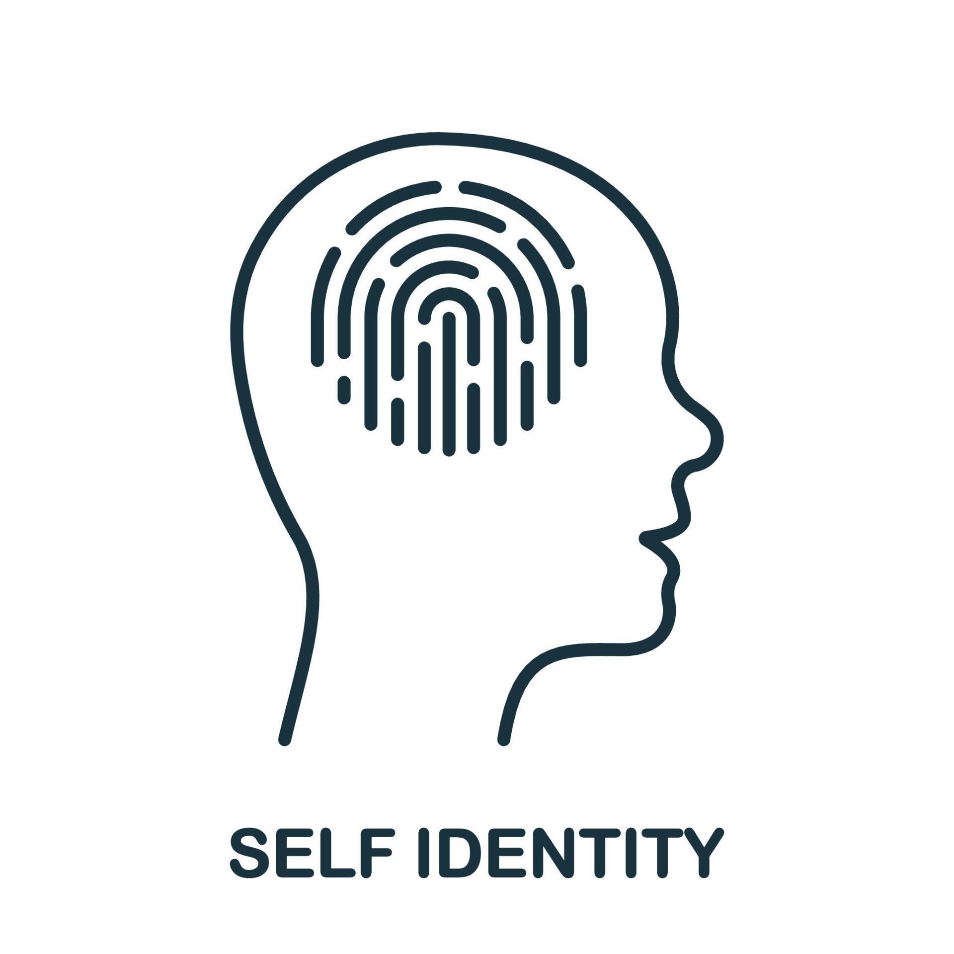 Self Identity Line Icon Fingerprint in Human Head Linear Pictogram