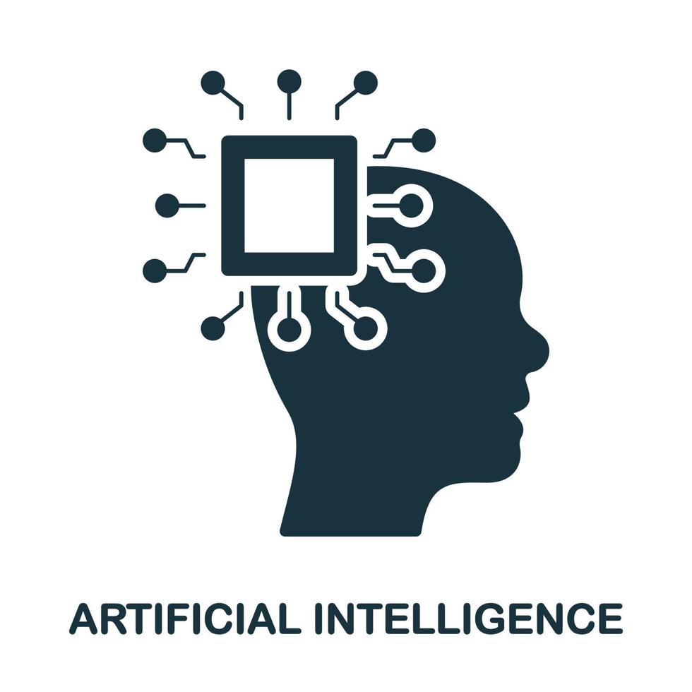 AI in Human Brain Glyph Pictogram. Artificial Intelligence Silhouette Icon. Digital Technology and Machine Learning Solid Sign. Intellectual Process in Cyberspace Symbol. Isolated Vector Illustration.