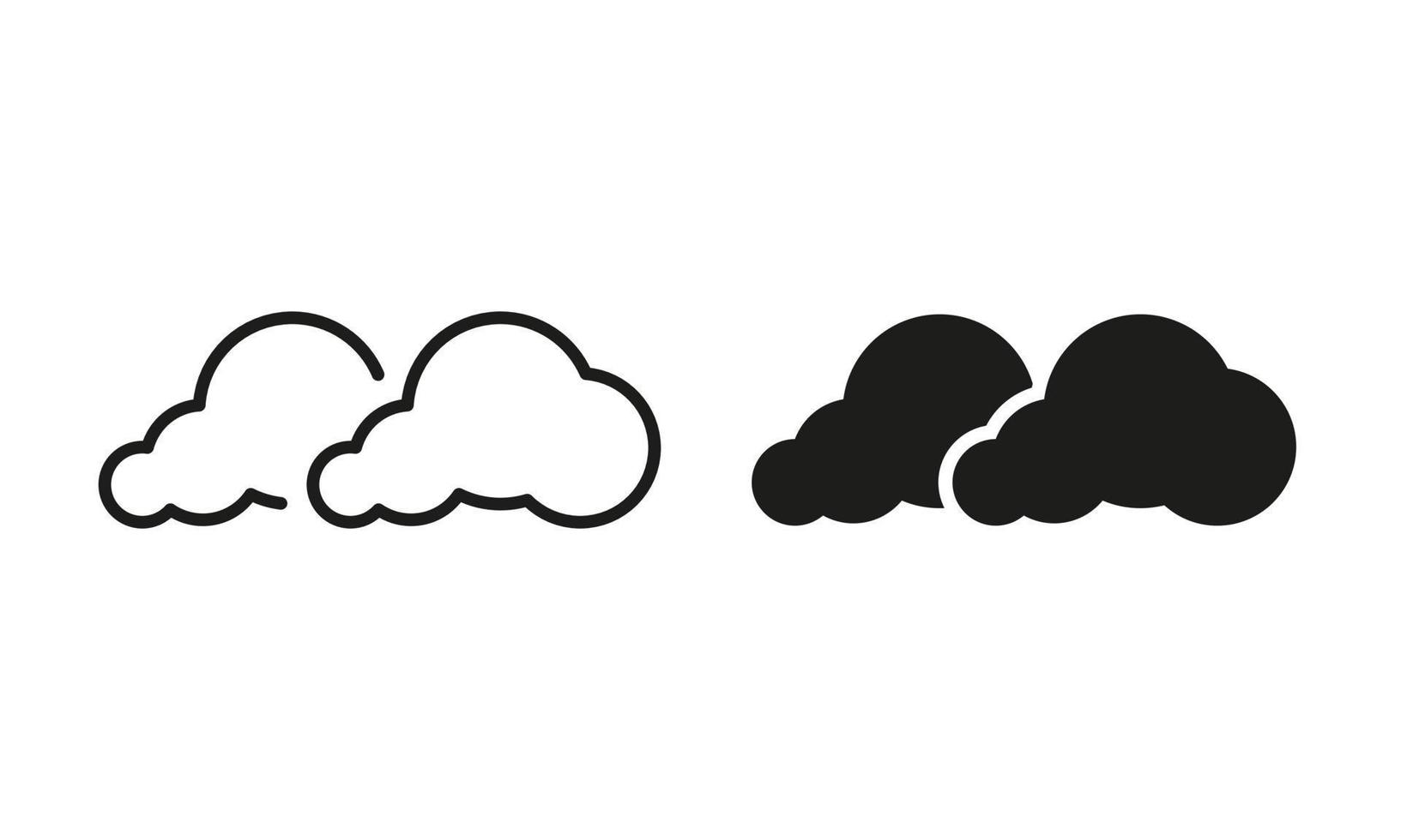 Smoke in Cloud Shape Line and Silhouette Icon Set. Smog Air, Toxic Climate. Dioxide Gas in Fluffy Sky Symbol Collection on White Background. Exhalation Steam. Isolated Vector Illustration.