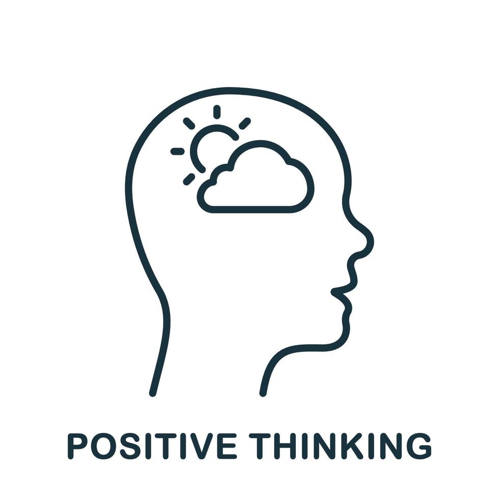 Positive Thinking Line Icon. Good Emotion, Happy Mood Outline Sign. Mental Health, Sun Shine in Human Head Linear Pictogram. Intellectual Process Symbol. Editable Stroke. Isolated Vector Illustration.