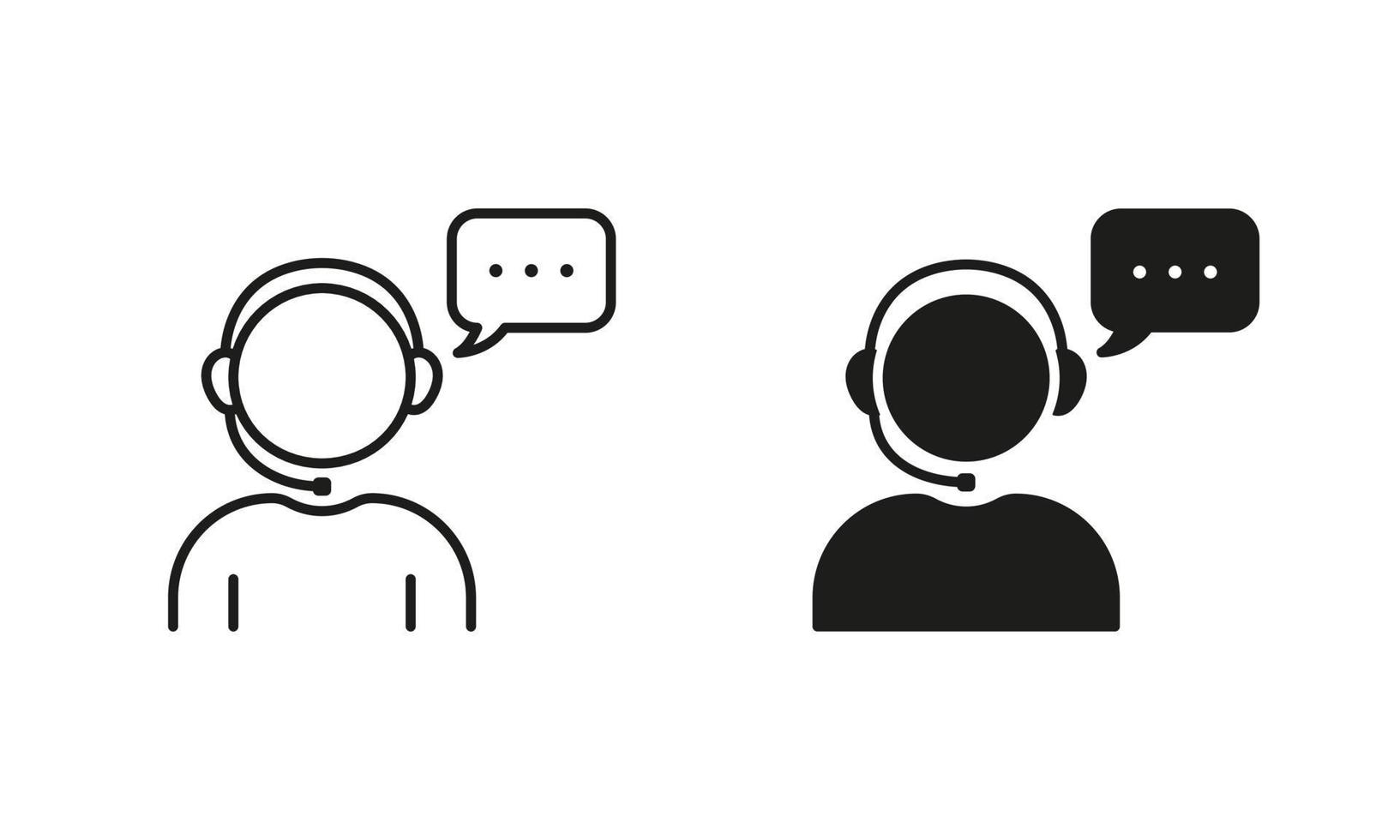 Customer Support Service Silhouette and Line Icon Set. Online Call Center Agent in Headset Pictogram. Hotline Assistant in Headphone with Speech Bubble. Editable Stroke. Isolated Vector Illustration.