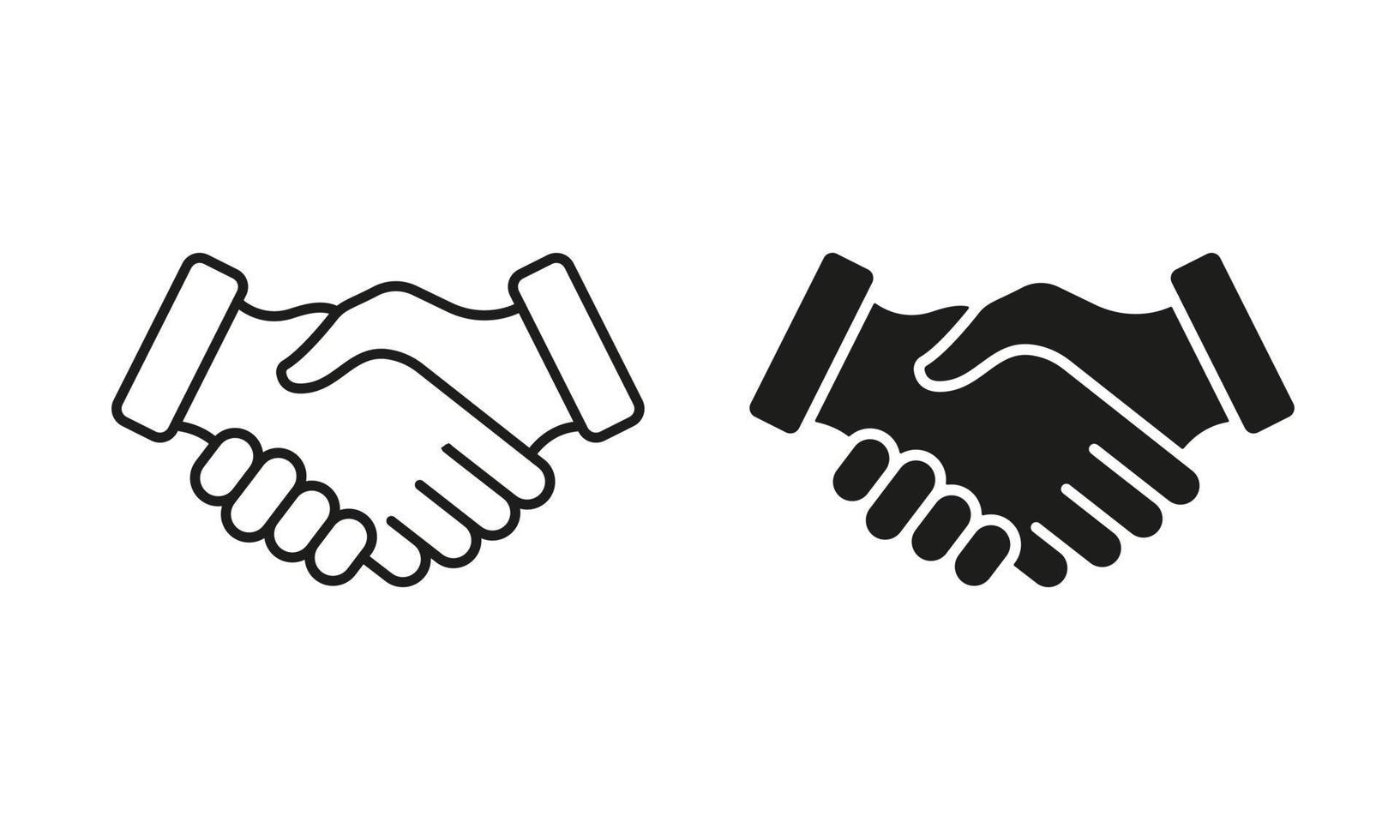 Handshake, Professional Partnership Silhouette and Line Icon Set. Hand Shake, Business Finance Deal Concept. Cooperation Team, Agreement Meeting Icon. Editable Stroke. Isolated Vector Illustration.