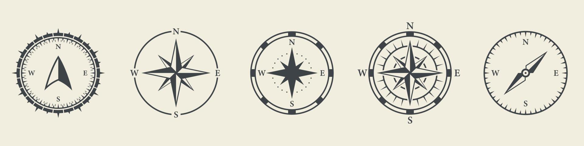 Windrose Silhouette Icon Set. Compass Nautical Navigator Cartography Glyph Pictogram. Rose Wind Navigator Icon. Adventure Direction to North South West East Sign. Isolated Vector Illustration.