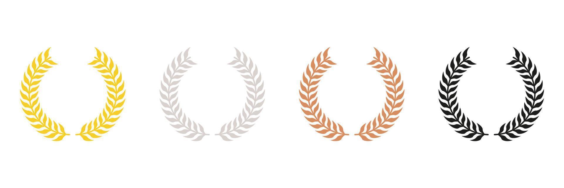 Winner Chaplet. Laurel Wreath Silhouette Icon Set. Gold, Silver, Bronze, Black Leaf Award Glyph Pictogram. Vintage Olive Leaves Emblem. Circle Tree Branch Success Symbol. Isolated Vector Illustration.