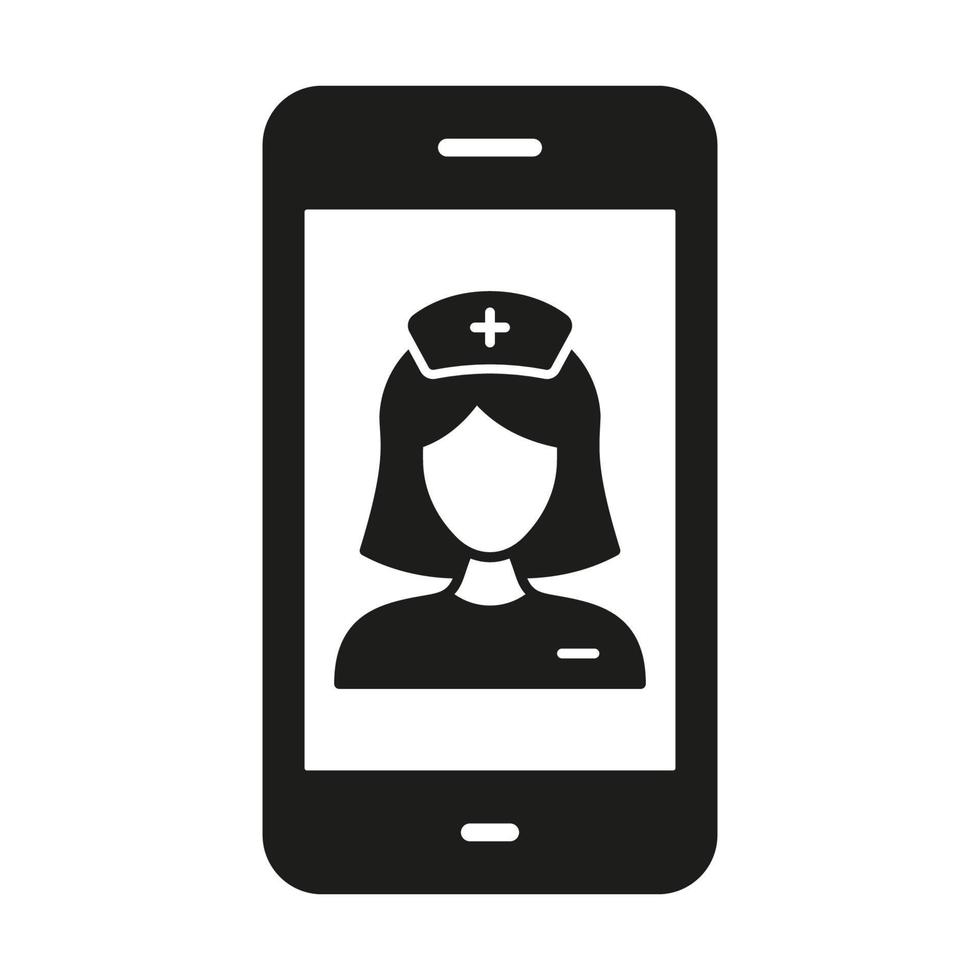 paramédico médico Servicio en teléfono inteligente glifo icono. médico en línea consulta. cuidado de la salud en móvil teléfono silueta símbolo. remoto virtual médico mujer pictograma. aislado vector ilustración.