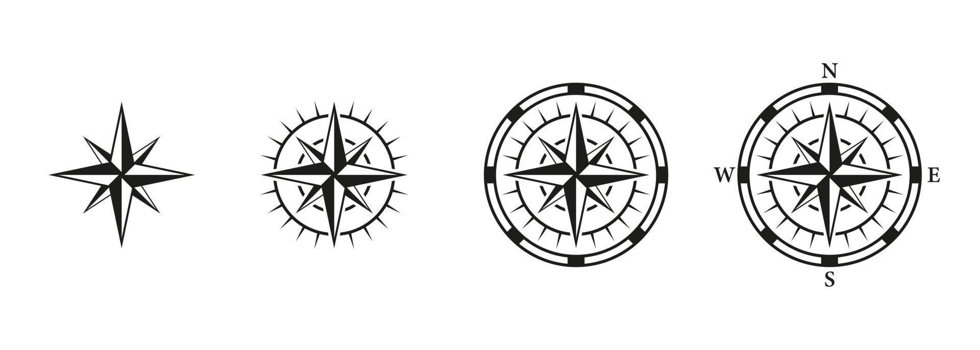 Compass Silhouette Icon Set. North, South, West, East Navigation Glyph Pictogram. Adventure Equipment, Journey Navigator Solid Sign. Rose Wind Symbol. GPS for Travel. Isolated Vector Illustration.