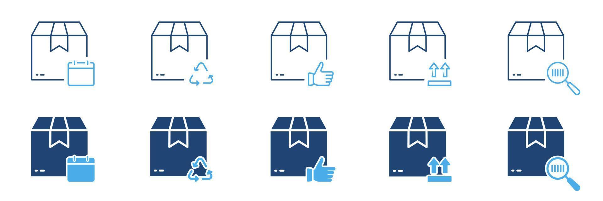 Cardboard Packaging Postal Shipping Sign Set. Carton Parcel Box for Delivery Service Shipment Silhouette and Line Icons. Transportation Cargo Product Pack Symbol. Isolated Vector Illustration.