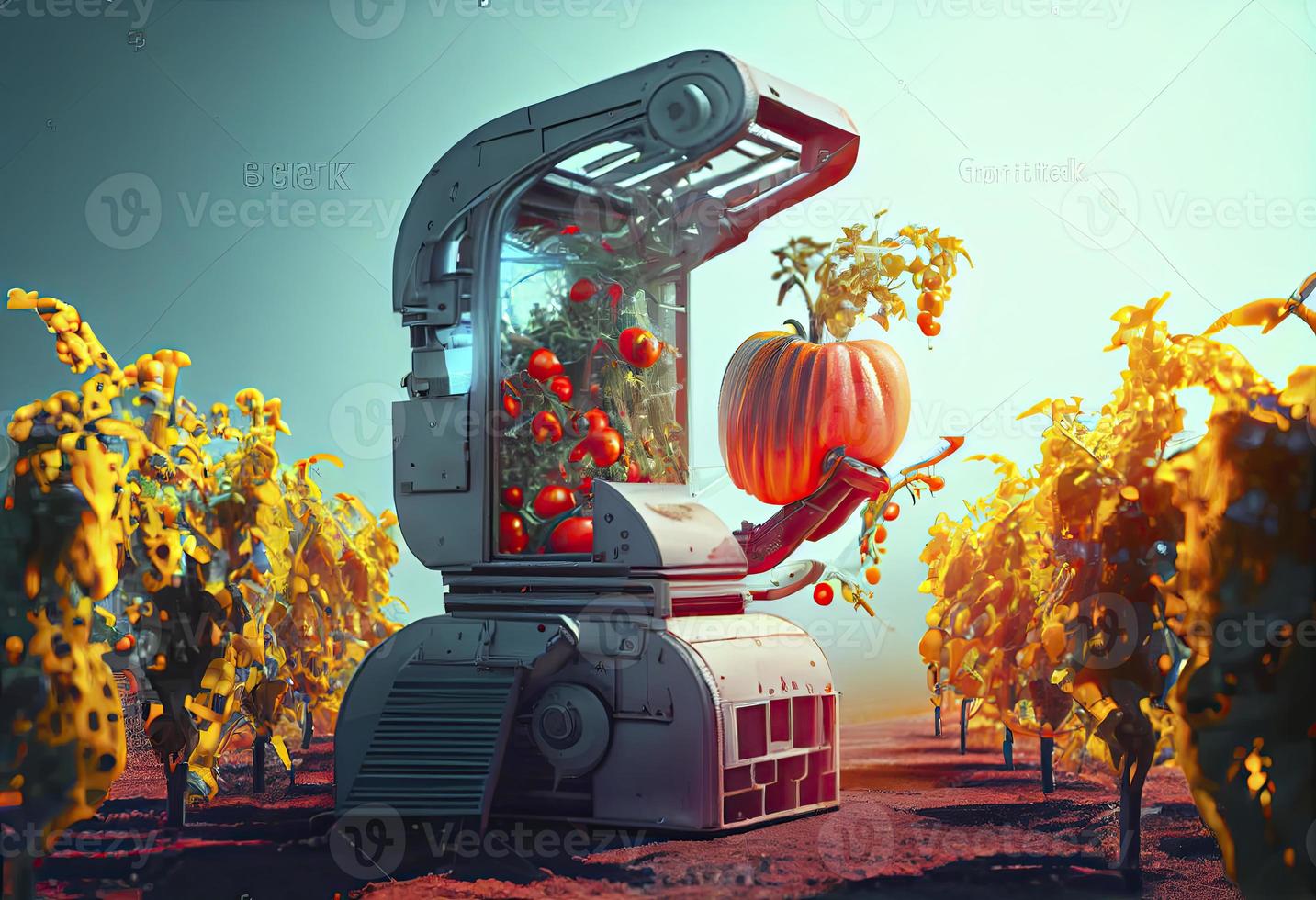 Technology automation of agriculture. Robot arm harvests vegetables in greenhouse photo