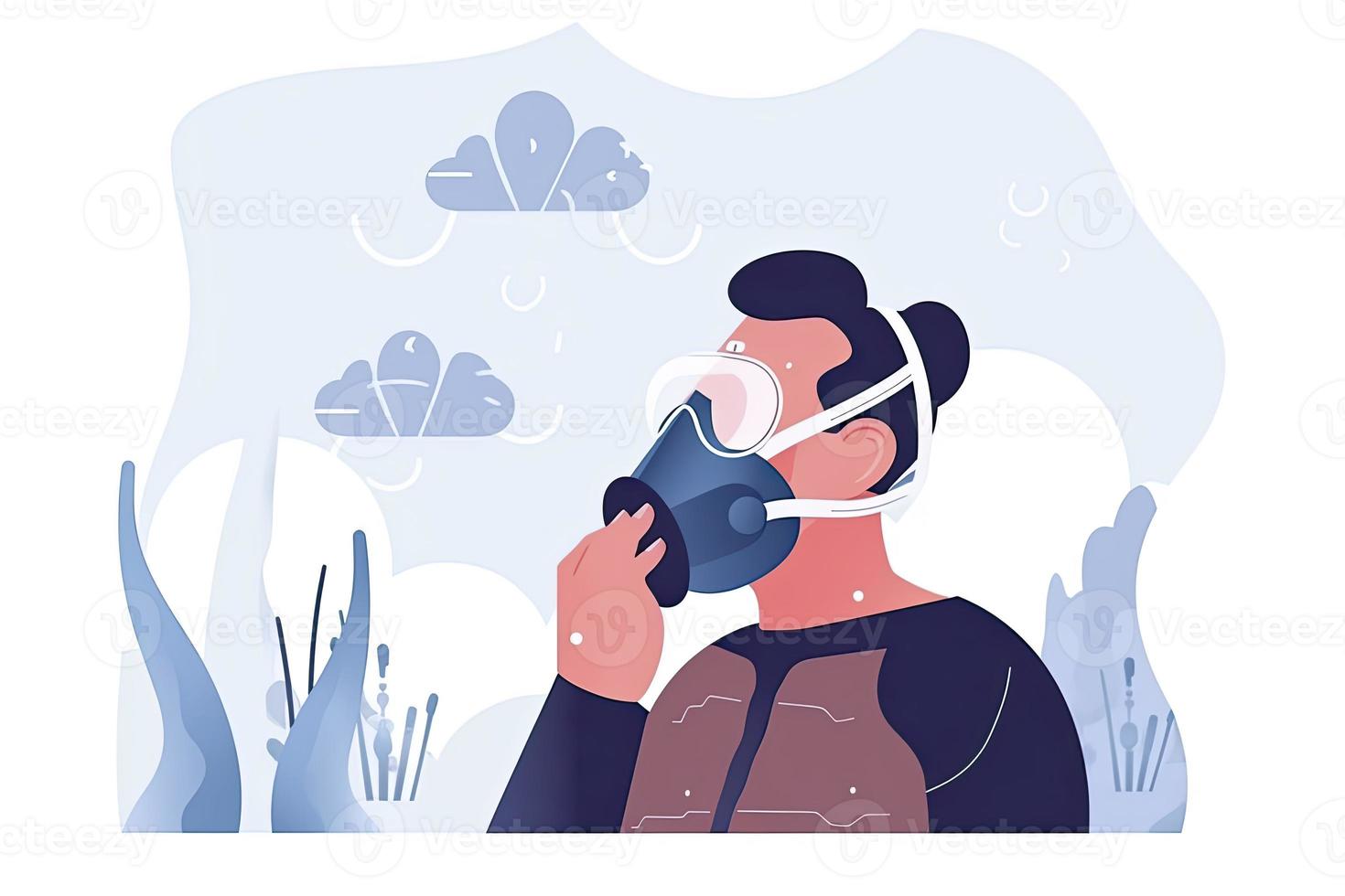 CO2 emissions. Man breathing through filter mask to reduce health effects of toxic chemical fumes from factory photo