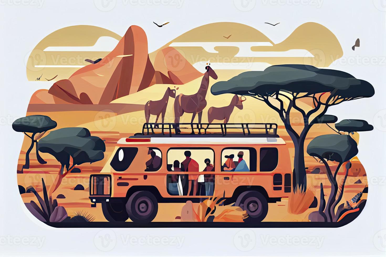 People in safari tour, savanna wild landscape vector illustration. Cartoon group of tourist characters photo