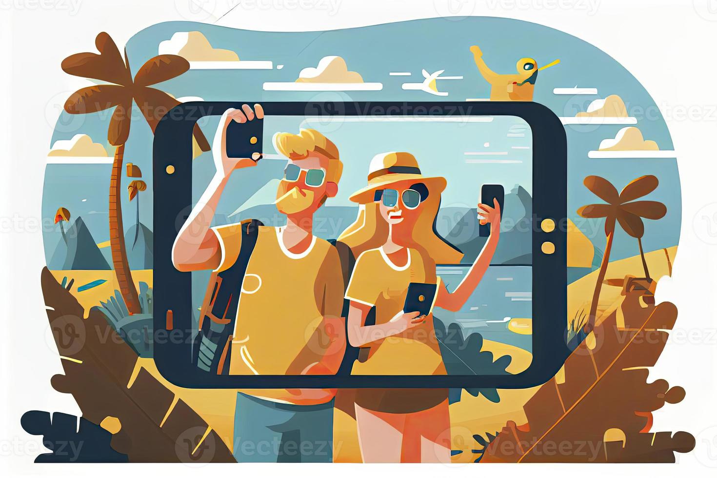 A tourist couple taking selfie photos together on phone. Man and woman going sightseeing on summer holiday