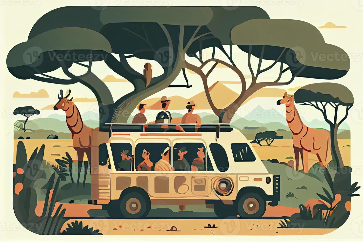 People in safari tour, savanna wild landscape vector illustration. Cartoon group of tourist characters photo